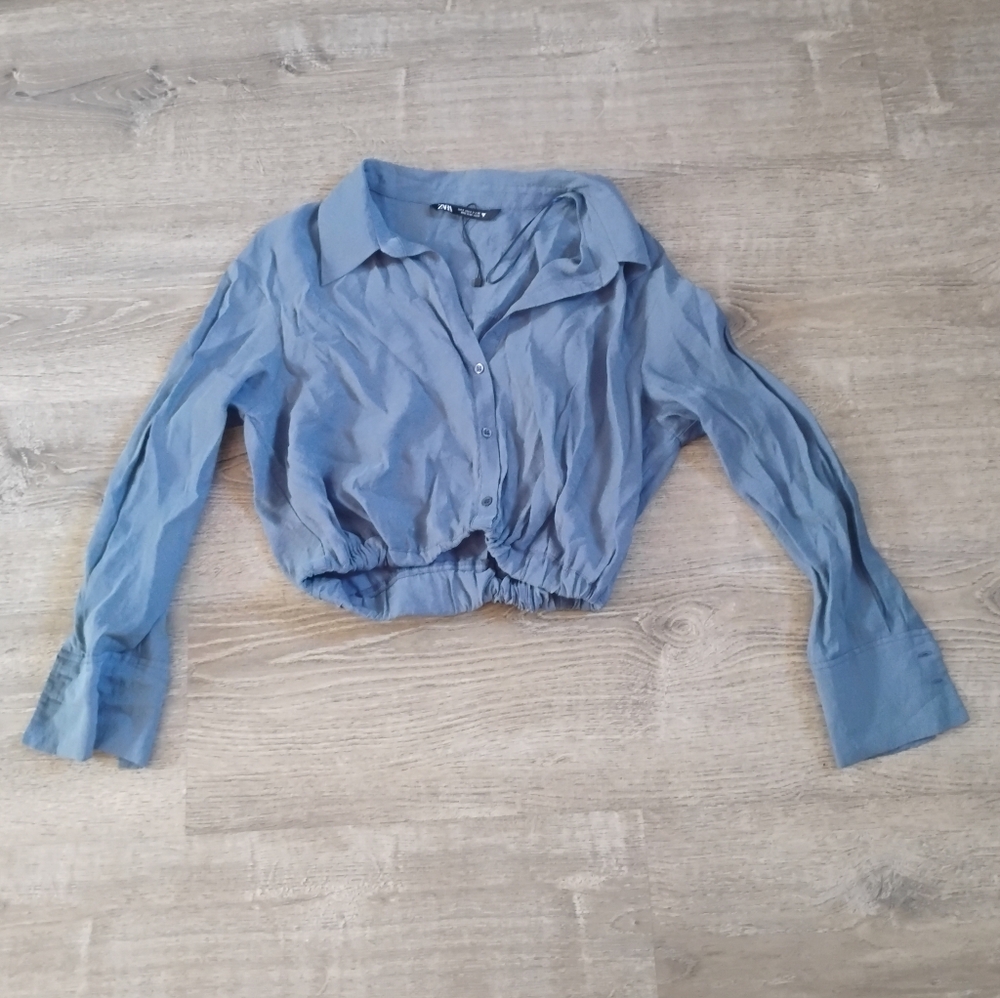 Chic Zara Blue Long Sleeve Drawstring Crop Top - Size small